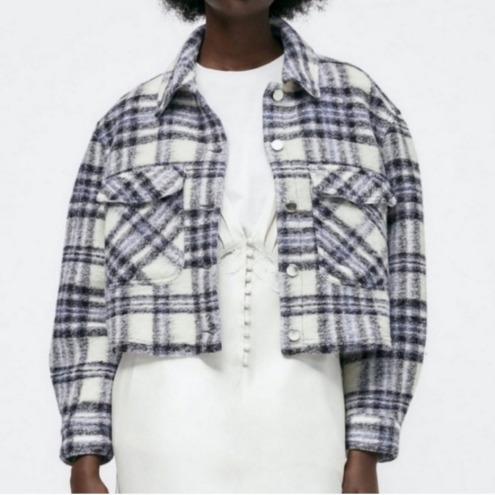 Zara Blue Plaid Print Flannel Button Front Wool Cropped Shacket Jacket